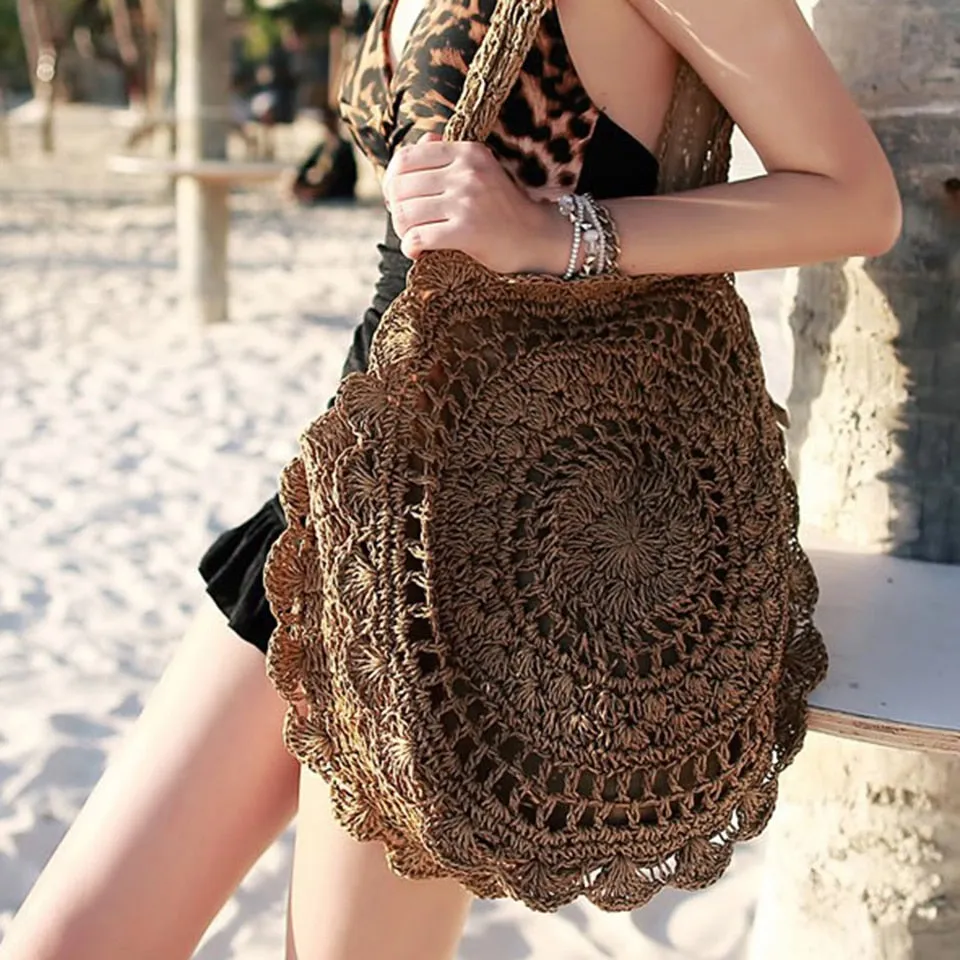 Summer Straw Handbag Wooden Handle Large Capacity Paper Rope Woven Straw Bag Fashion Summer Vacation Travel Beach Bag