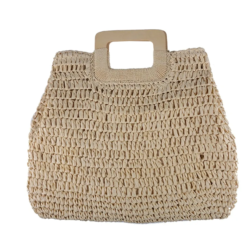 Summer Straw Handbag Wooden Handle Large Capacity Paper Rope Woven Straw Bag Fashion Summer Vacation Travel Beach Bag