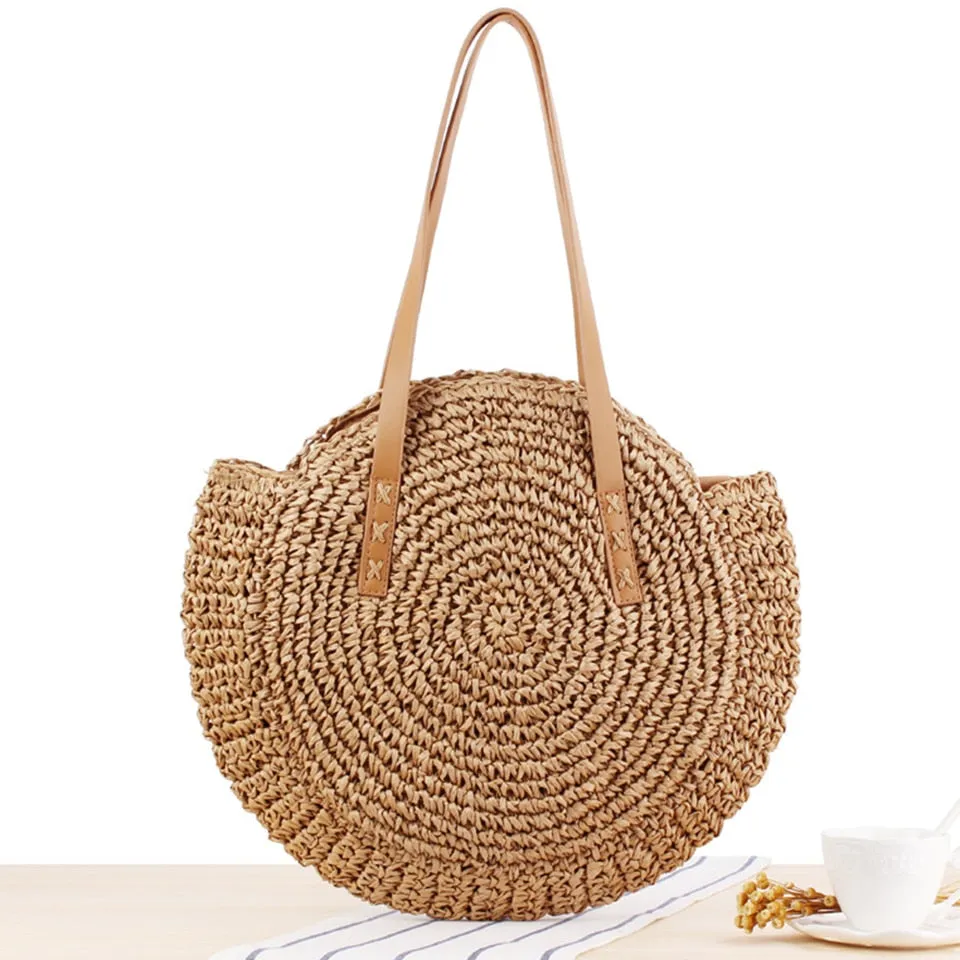 Summer Straw Handbag Wooden Handle Large Capacity Paper Rope Woven Straw Bag Fashion Summer Vacation Travel Beach Bag