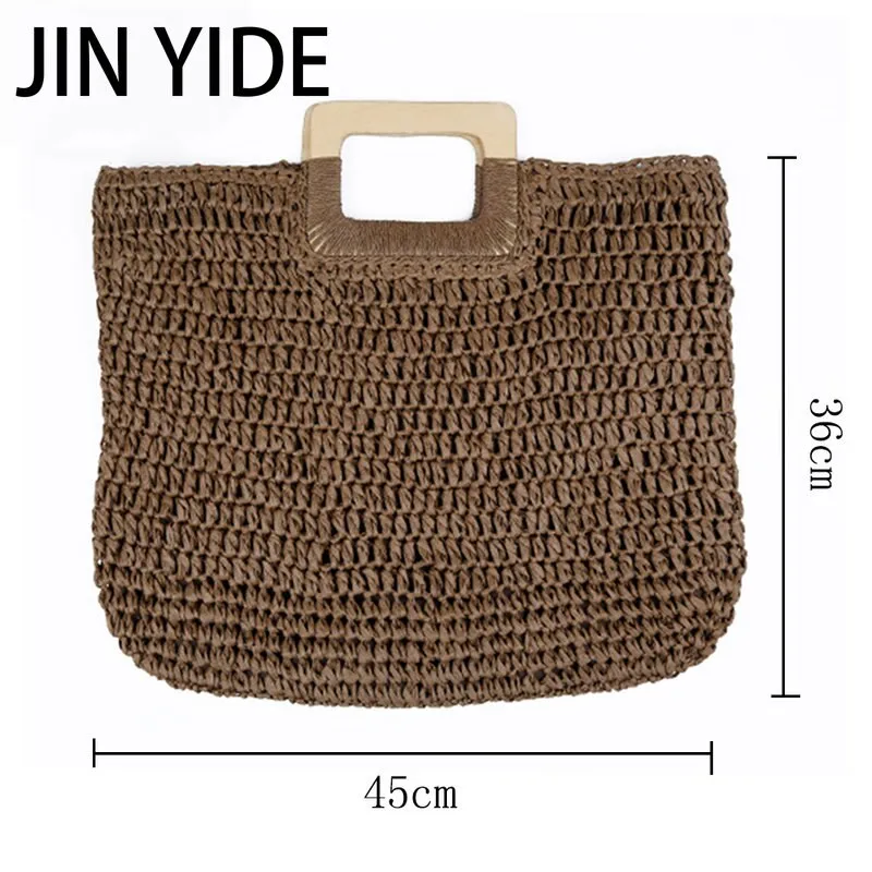 Summer Straw Handbag Wooden Handle Large Capacity Paper Rope Woven Straw Bag Fashion Summer Vacation Travel Beach Bag