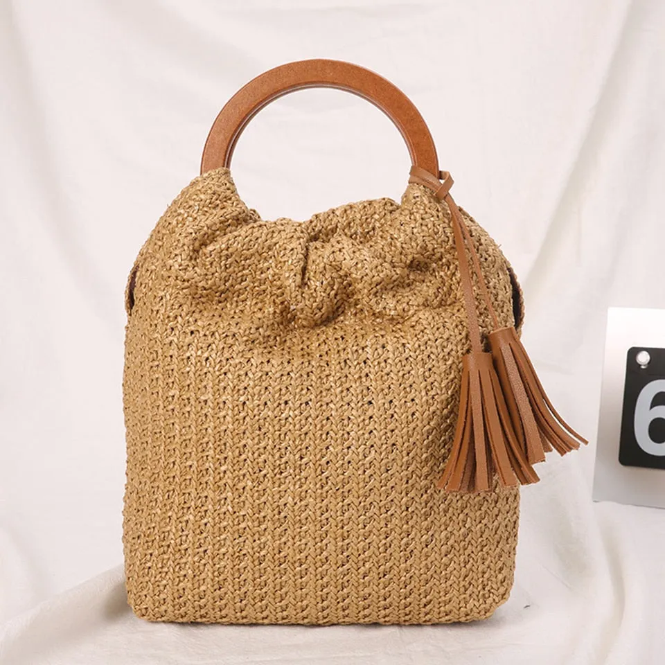 Summer Straw Handbag Wooden Handle Large Capacity Paper Rope Woven Straw Bag Fashion Summer Vacation Travel Beach Bag