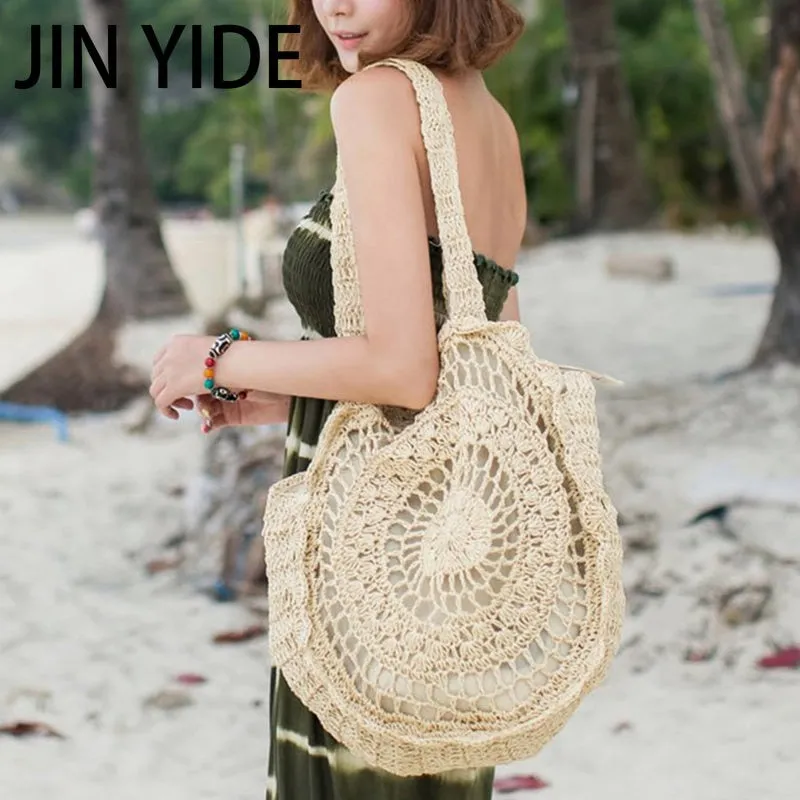 Summer Straw Handbag Wooden Handle Large Capacity Paper Rope Woven Straw Bag Fashion Summer Vacation Travel Beach Bag