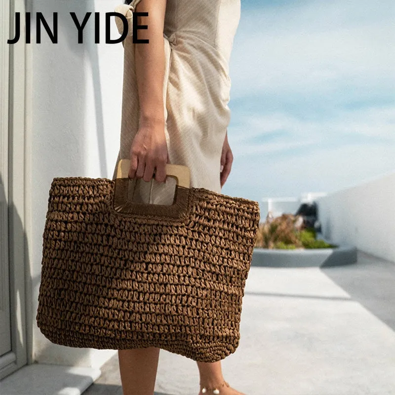 Summer Straw Handbag Wooden Handle Large Capacity Paper Rope Woven Straw Bag Fashion Summer Vacation Travel Beach Bag