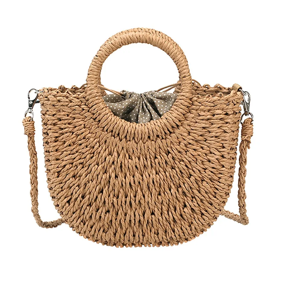 Summer Straw Handbag Wooden Handle Large Capacity Paper Rope Woven Straw Bag Fashion Summer Vacation Travel Beach Bag