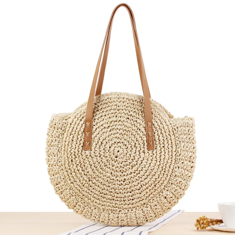 Summer Straw Handbag Wooden Handle Large Capacity Paper Rope Woven Straw Bag Fashion Summer Vacation Travel Beach Bag