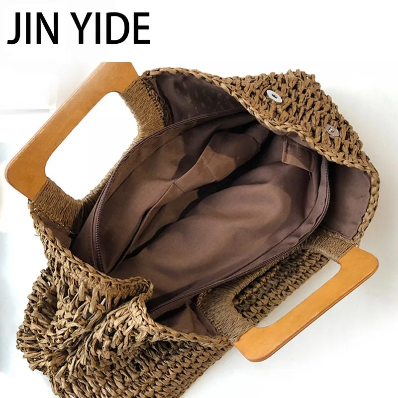 Summer Straw Handbag Wooden Handle Large Capacity Paper Rope Woven Straw Bag Fashion Summer Vacation Travel Beach Bag