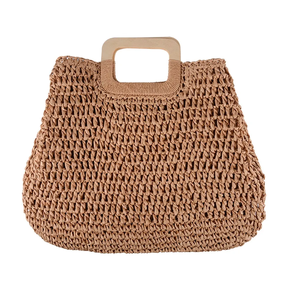 Summer Straw Handbag Wooden Handle Large Capacity Paper Rope Woven Straw Bag Fashion Summer Vacation Travel Beach Bag