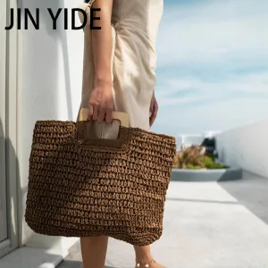 Summer Straw Handbag Wooden Handle Large Capacity Paper Rope Woven Straw Bag Fashion Summer Vacation Travel Beach Bag