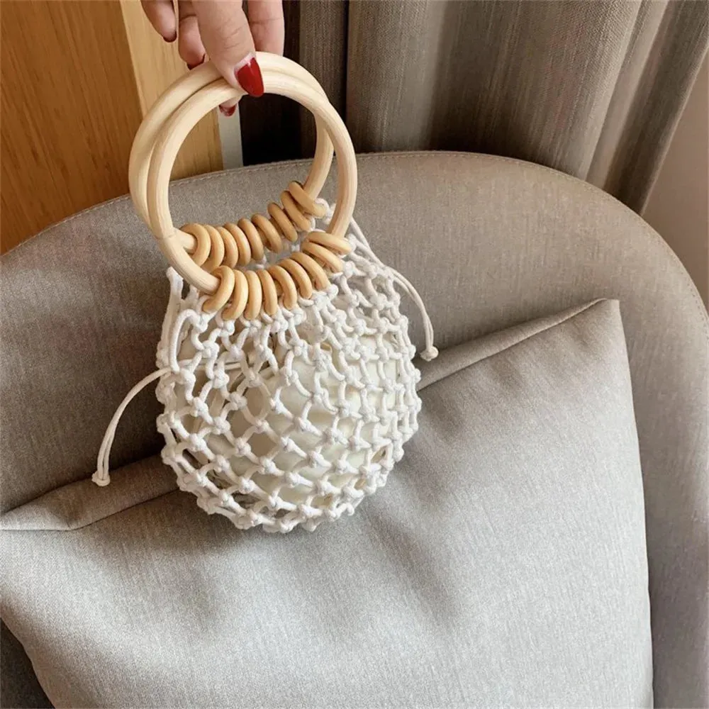 Summer Straw Woven Beach Bag Hollow Fishnet Handbag Women Shoulder Bags Rattan Ladies Purses Fashion Wrist Pack Bucket Tote