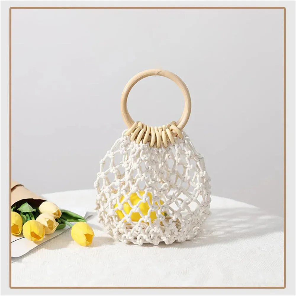 Summer Straw Woven Beach Bag Hollow Fishnet Handbag Women Shoulder Bags Rattan Ladies Purses Fashion Wrist Pack Bucket Tote