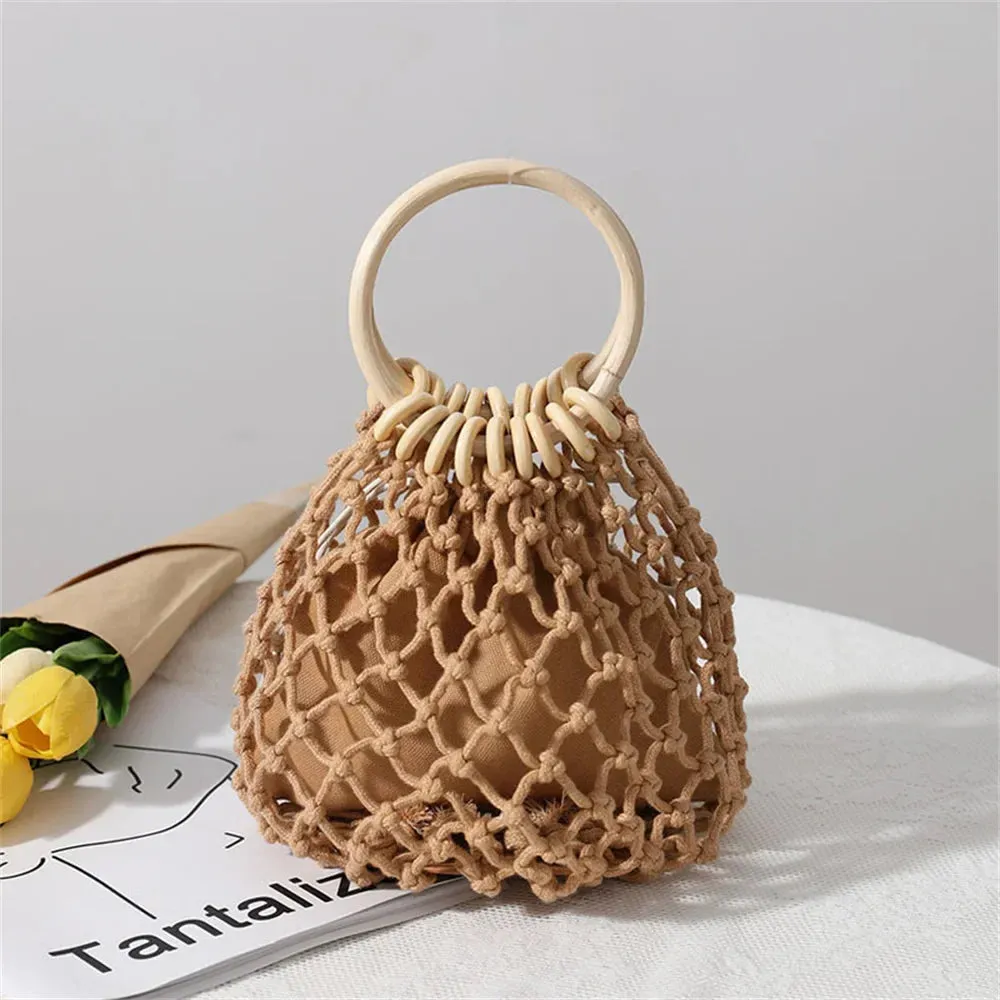 Summer Straw Woven Beach Bag Hollow Fishnet Handbag Women Shoulder Bags Rattan Ladies Purses Fashion Wrist Pack Bucket Tote