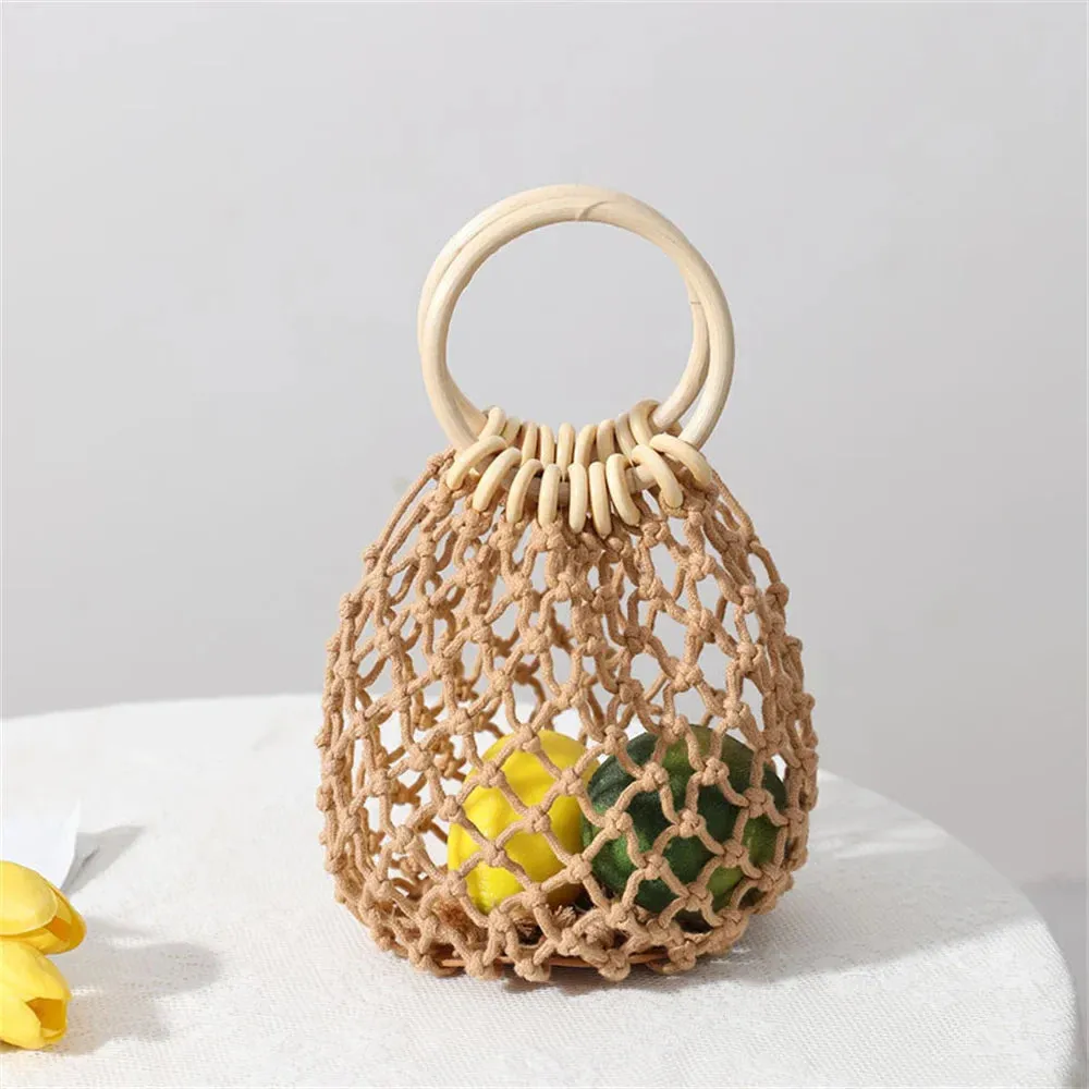 Summer Straw Woven Beach Bag Hollow Fishnet Handbag Women Shoulder Bags Rattan Ladies Purses Fashion Wrist Pack Bucket Tote