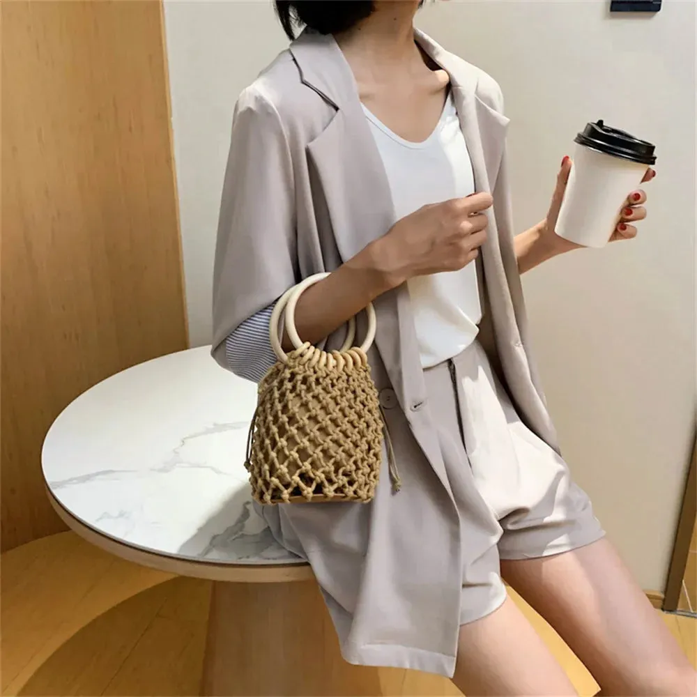Summer Straw Woven Beach Bag Hollow Fishnet Handbag Women Shoulder Bags Rattan Ladies Purses Fashion Wrist Pack Bucket Tote