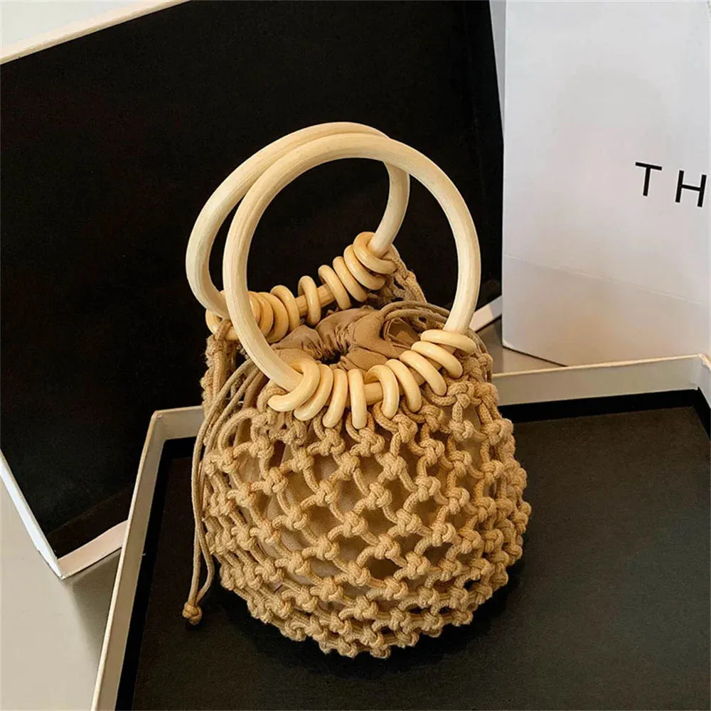 Summer Straw Woven Beach Bag Hollow Fishnet Handbag Women Shoulder Bags Rattan Ladies Purses Fashion Wrist Pack Bucket Tote