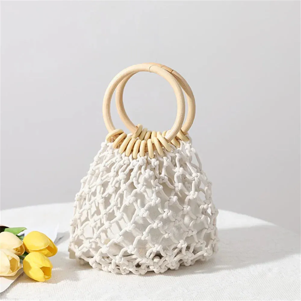 Summer Straw Woven Beach Bag Hollow Fishnet Handbag Women Shoulder Bags Rattan Ladies Purses Fashion Wrist Pack Bucket Tote