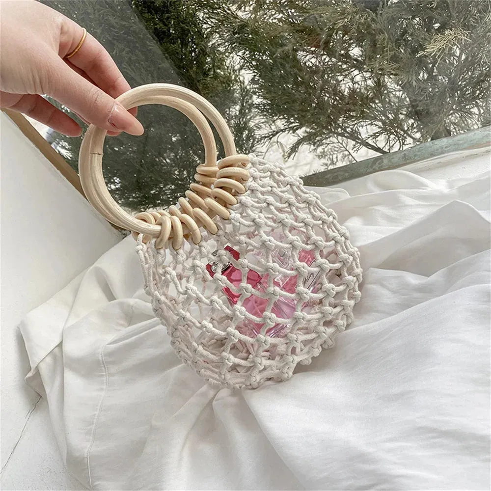 Summer Straw Woven Beach Bag Hollow Fishnet Handbag Women Shoulder Bags Rattan Ladies Purses Fashion Wrist Pack Bucket Tote