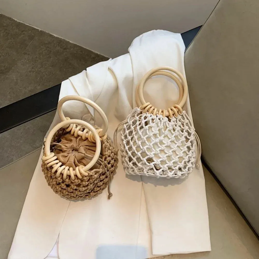 Summer Straw Woven Beach Bag Hollow Fishnet Handbag Women Shoulder Bags Rattan Ladies Purses Fashion Wrist Pack Bucket Tote
