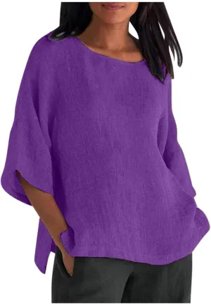 Summer Tops for Women Trendy Beach Plus Size 3/4 Sleeve Cotton Linen Shirts Blouse Crewneck Gauze Tops Casual Clothes
