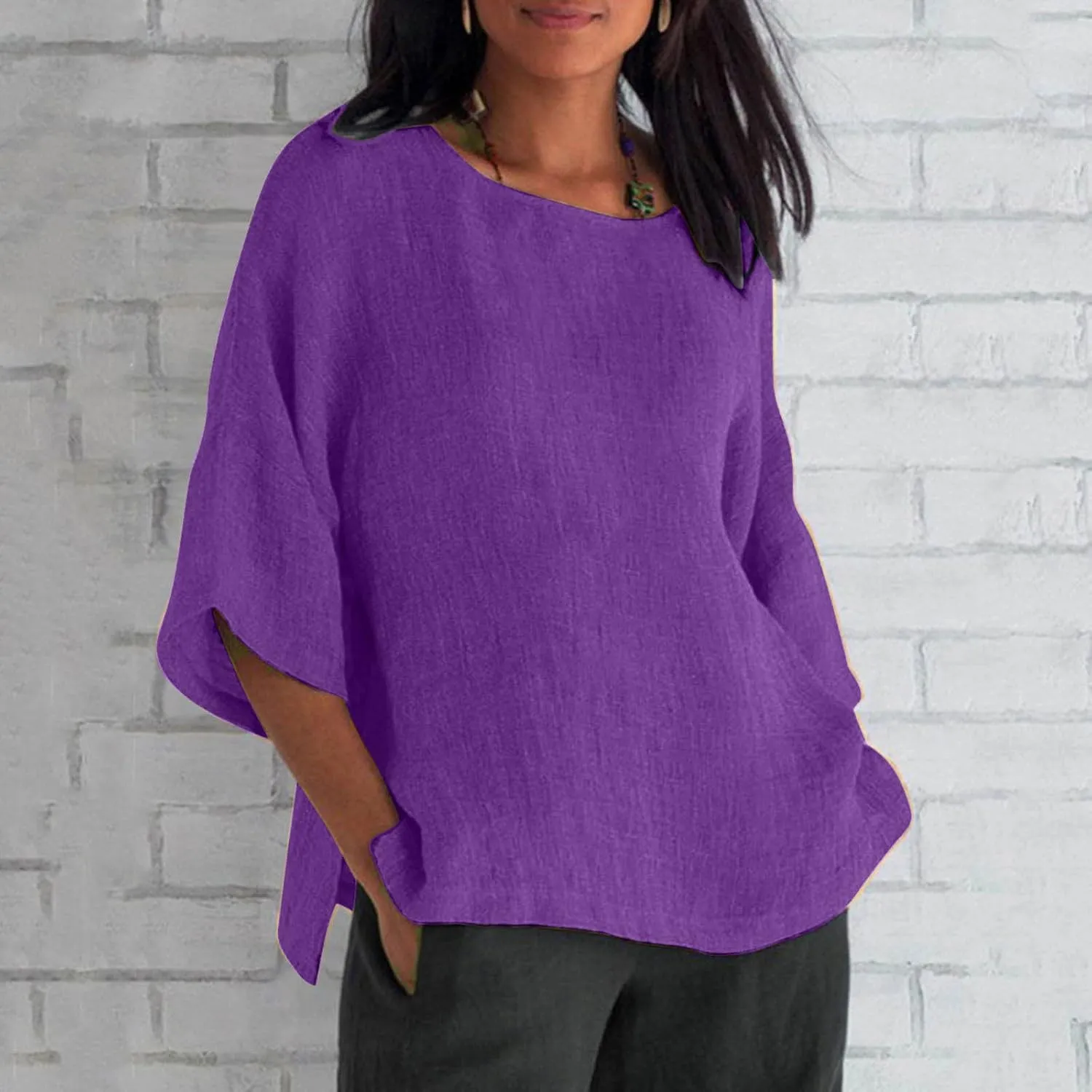 Summer Tops for Women Trendy Beach Plus Size 3/4 Sleeve Cotton Linen Shirts Blouse Crewneck Gauze Tops Casual Clothes