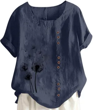 Summer Tops Women Cotton Linen Blouse Short Sleeve Tshirt Floral Boho Shirt Comfy Crewneck Tees Casual Work T-shirt