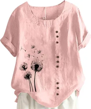 Summer Tops Women Cotton Linen Blouse Short Sleeve Tshirt Floral Boho Shirt Comfy Crewneck Tees Casual Work T-shirt