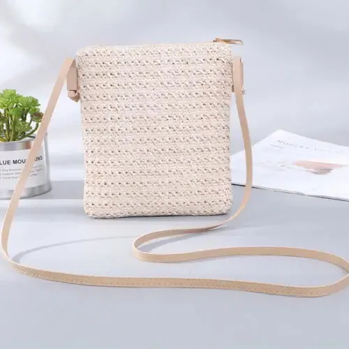 Summer Women New Fashion Straw Bag Rattan Woven Tote Purse New Crossbody Messenger Bag Plait Small Square Handbag Boho Beach