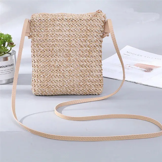 Summer Women New Fashion Straw Bag Rattan Woven Tote Purse New Crossbody Messenger Bag Plait Small Square Handbag Boho Beach