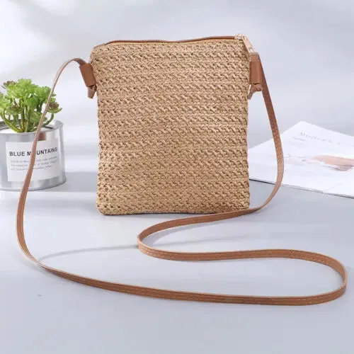 Summer Women New Fashion Straw Bag Rattan Woven Tote Purse New Crossbody Messenger Bag Plait Small Square Handbag Boho Beach