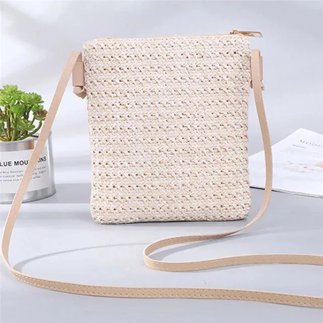 Summer Women New Fashion Straw Bag Rattan Woven Tote Purse New Crossbody Messenger Bag Plait Small Square Handbag Boho Beach