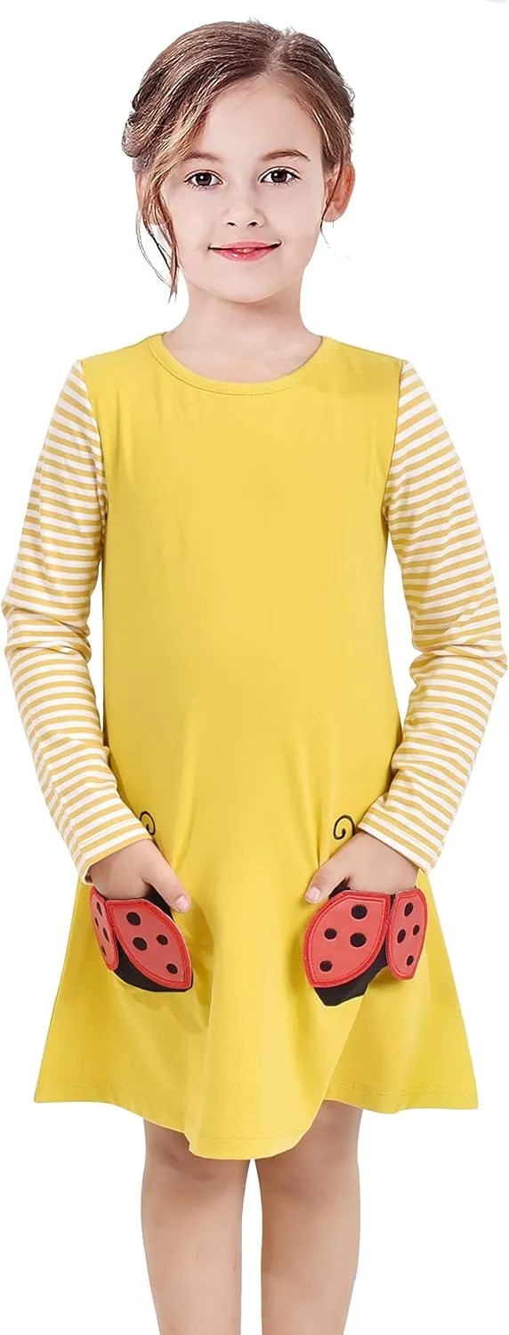 Sunny Fashion Girls Dress Cotton Casual Long Sleeve Lady Bug Embroidered