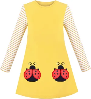 Sunny Fashion Girls Dress Cotton Casual Long Sleeve Lady Bug Embroidered