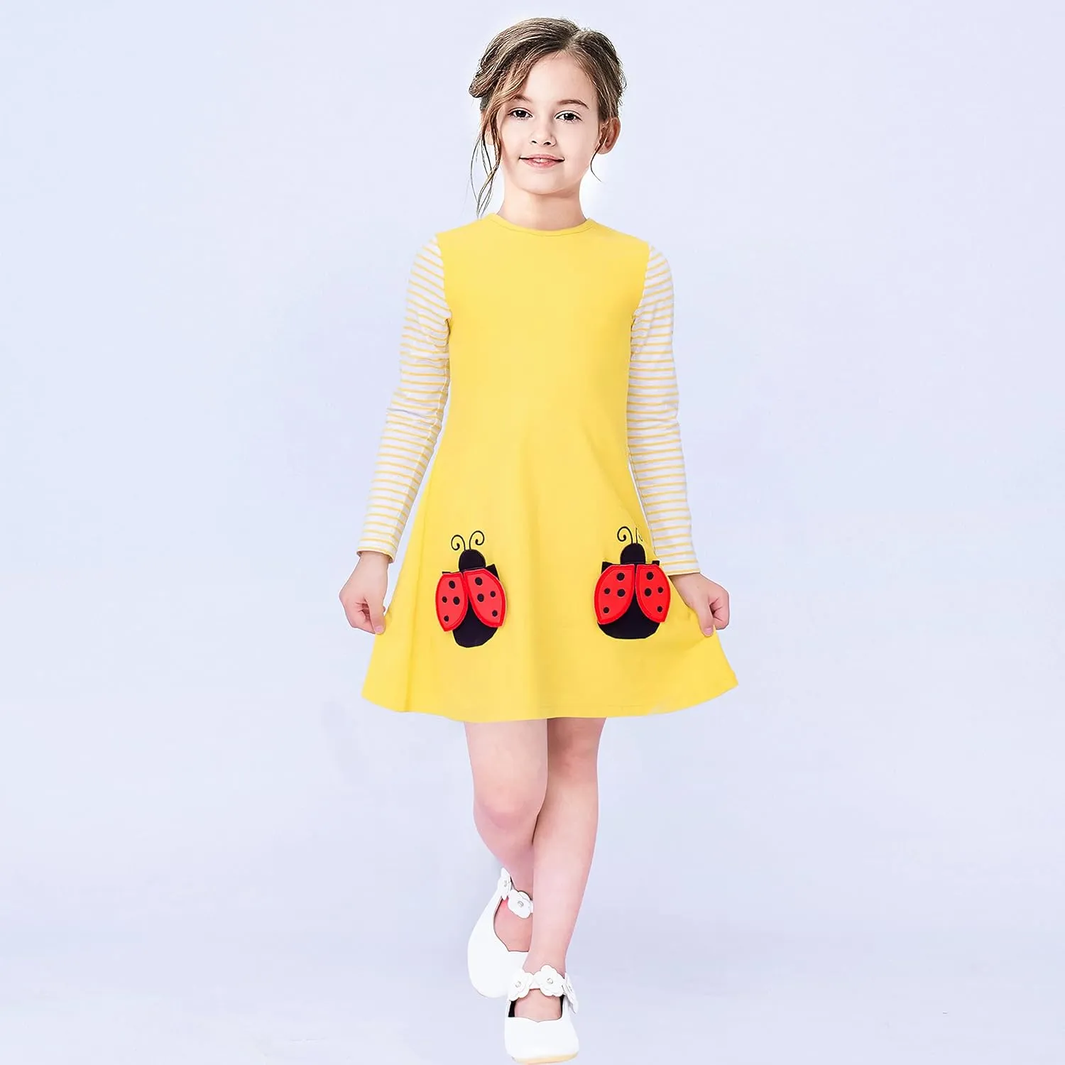 Sunny Fashion Girls Dress Cotton Casual Long Sleeve Lady Bug Embroidered