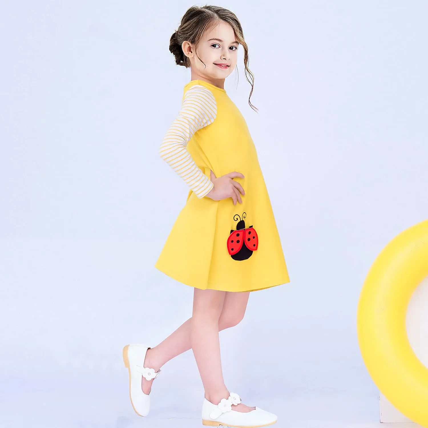 Sunny Fashion Girls Dress Cotton Casual Long Sleeve Lady Bug Embroidered