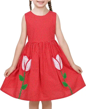 Sunny Fashion Girls Dress Red Polka Dot Pocket Floral Summer Casual Cotton