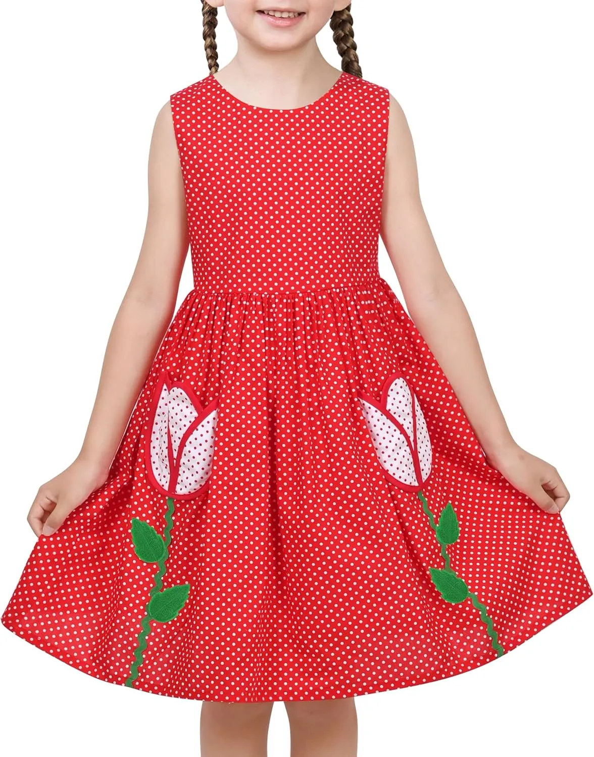 Sunny Fashion Girls Dress Red Polka Dot Pocket Floral Summer Casual Cotton