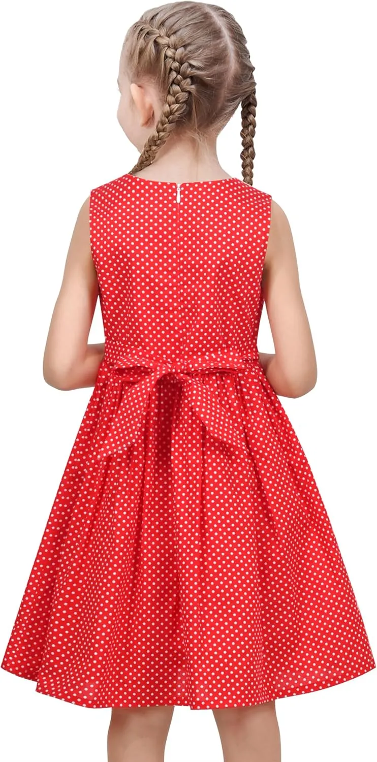 Sunny Fashion Girls Dress Red Polka Dot Pocket Floral Summer Casual Cotton