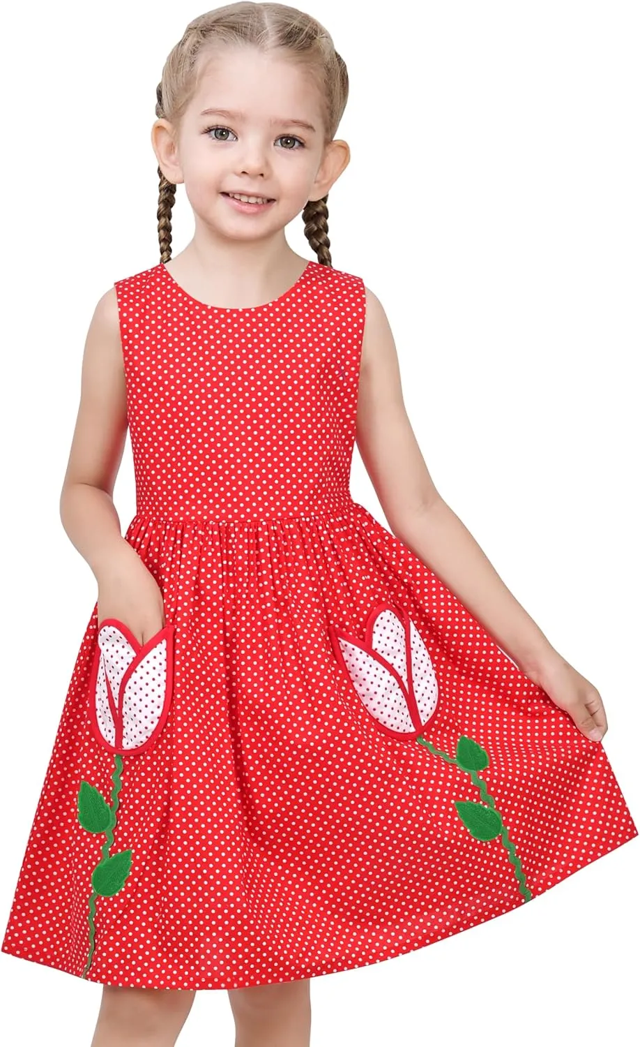 Sunny Fashion Girls Dress Red Polka Dot Pocket Floral Summer Casual Cotton