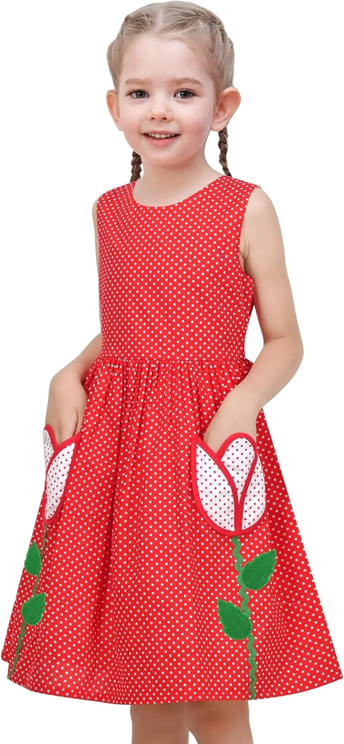 Sunny Fashion Girls Dress Red Polka Dot Pocket Floral Summer Casual Cotton