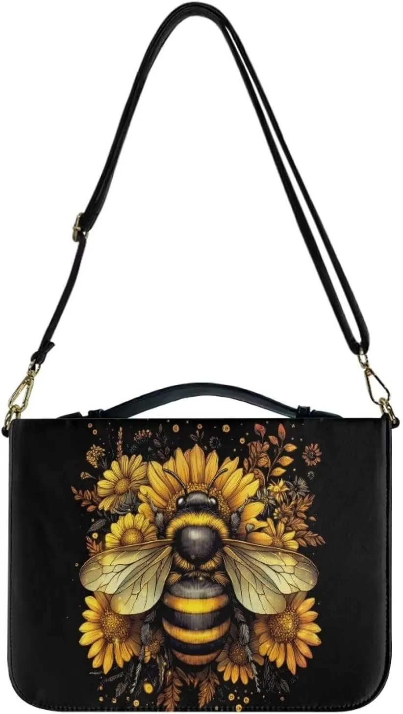 Suobstales Bee Sunflower Print Bible Covers with Shoulder Strap PU Leather Bible Case for Women Men Bible Bag Tote Book Carrying Case Christian Bible Accessories with Handle, M