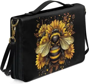 Suobstales Bee Sunflower Print Bible Covers with Shoulder Strap PU Leather Bible Case for Women Men Bible Bag Tote Book Carrying Case Christian Bible Accessories with Handle, M