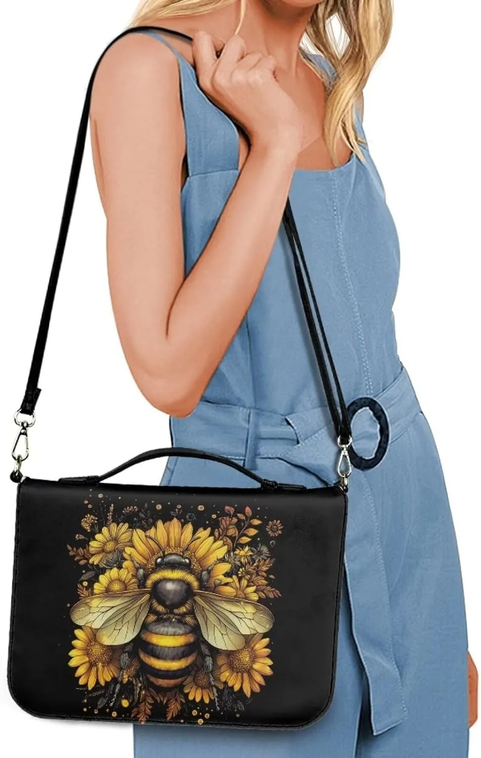Suobstales Bee Sunflower Print Bible Covers with Shoulder Strap PU Leather Bible Case for Women Men Bible Bag Tote Book Carrying Case Christian Bible Accessories with Handle, M