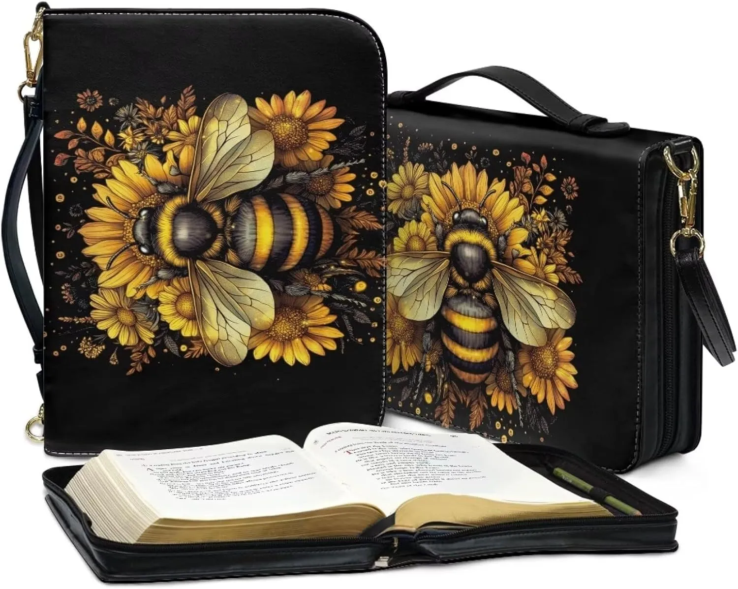 Suobstales Bee Sunflower Print Bible Covers with Shoulder Strap PU Leather Bible Case for Women Men Bible Bag Tote Book Carrying Case Christian Bible Accessories with Handle, M
