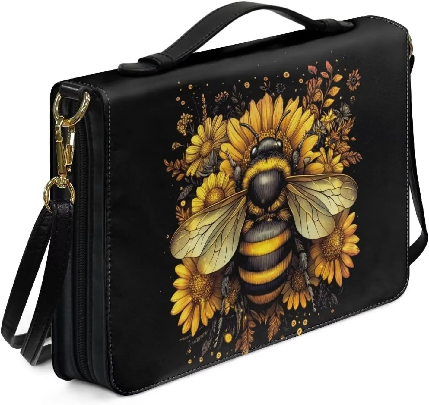 Suobstales Bee Sunflower Print Bible Covers with Shoulder Strap PU Leather Bible Case for Women Men Bible Bag Tote Book Carrying Case Christian Bible Accessories with Handle, M