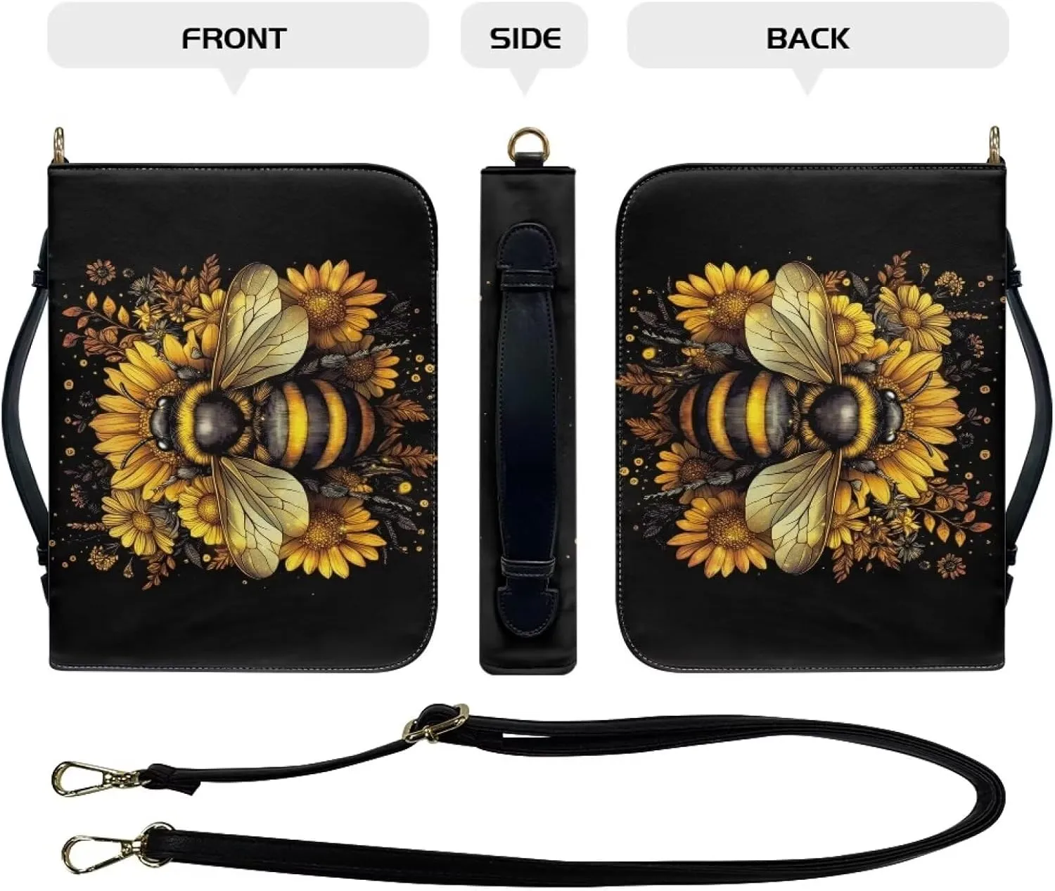 Suobstales Bee Sunflower Print Bible Covers with Shoulder Strap PU Leather Bible Case for Women Men Bible Bag Tote Book Carrying Case Christian Bible Accessories with Handle, M