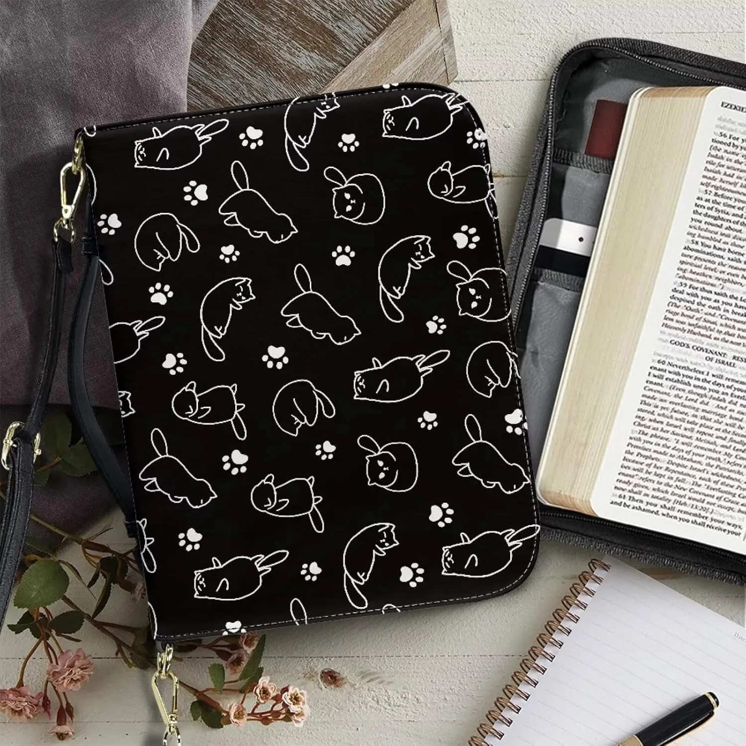 Suobstales Cat Paw Print Faux Leather Bible Cover for Men Women, Bible Case Bible Tote Bag Large Bible Carrying Case Bible Carrier with Shoulder Strap, Bible Gift for Book Lover, XL