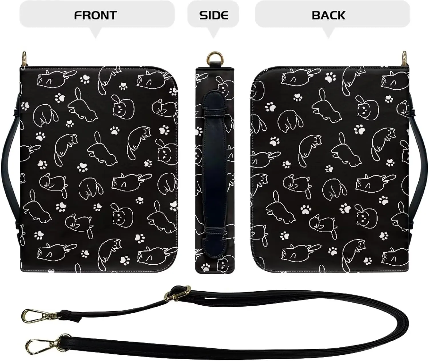 Suobstales Cat Paw Print Faux Leather Bible Cover for Men Women, Bible Case Bible Tote Bag Large Bible Carrying Case Bible Carrier with Shoulder Strap, Bible Gift for Book Lover, XL