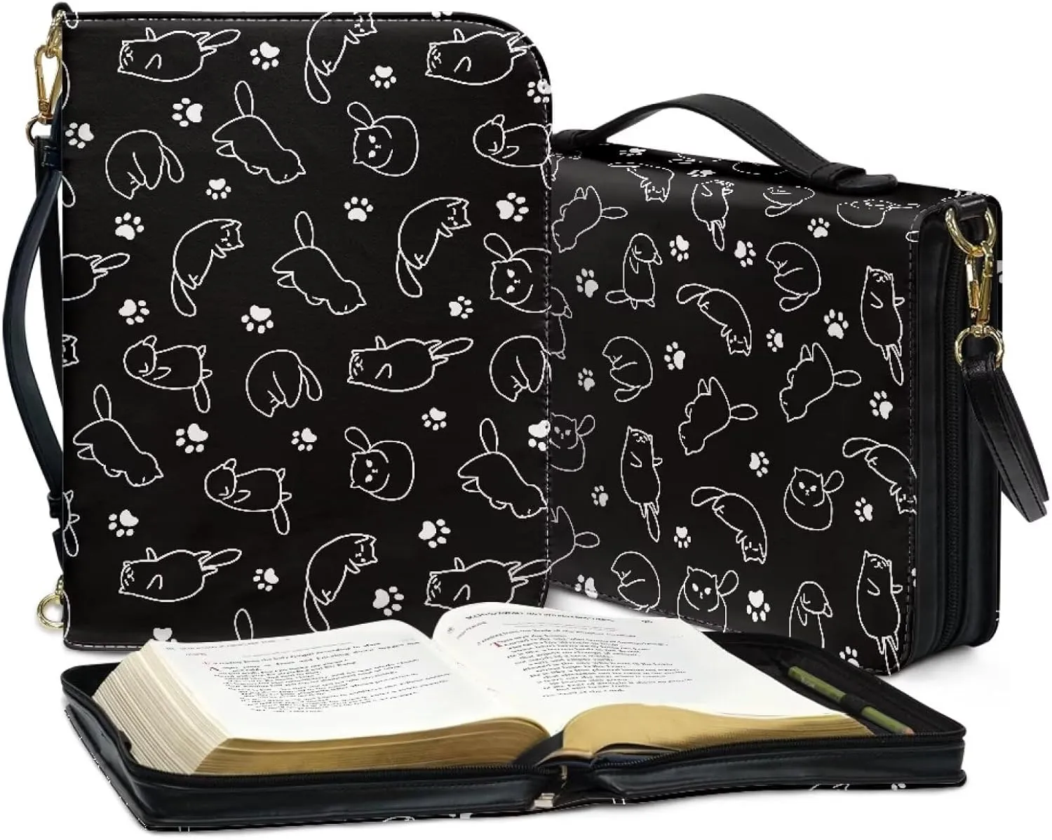 Suobstales Cat Paw Print Faux Leather Bible Cover for Men Women, Bible Case Bible Tote Bag Large Bible Carrying Case Bible Carrier with Shoulder Strap, Bible Gift for Book Lover, XL
