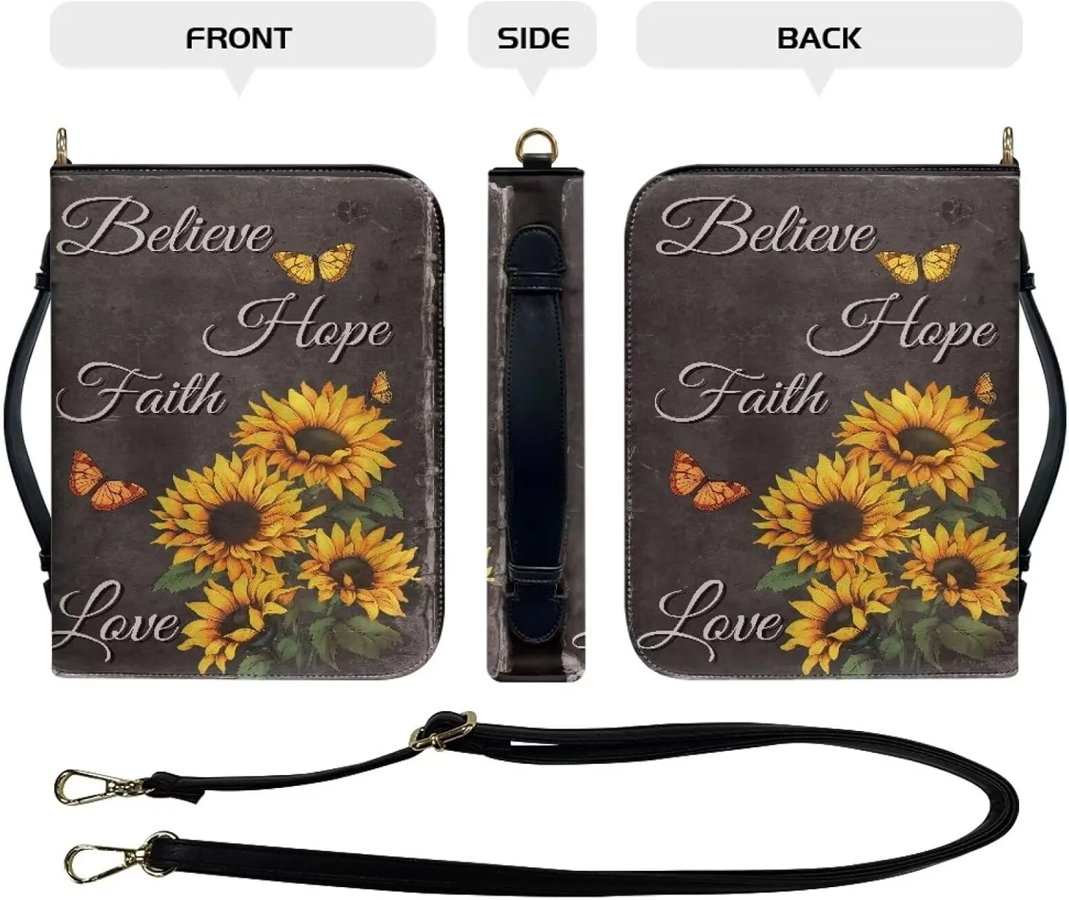 Suobstales Sunflower Butterfly Pattern Bible Covers for Women Men Believe Hope Faith Love Bible Carrying Case Book Bag and Tote with Shoulder Strap, PU Leather Scripture Bag Bible Accessories, 2XL