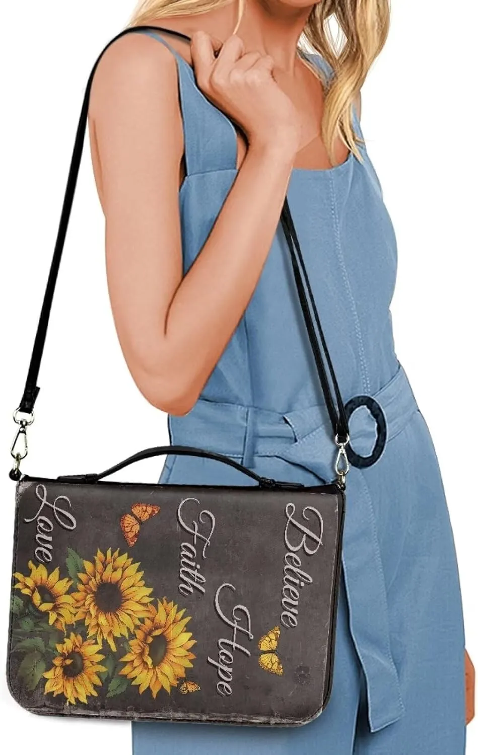 Suobstales Sunflower Butterfly Pattern Bible Covers for Women Men Believe Hope Faith Love Bible Carrying Case Book Bag and Tote with Shoulder Strap, PU Leather Scripture Bag Bible Accessories, 2XL