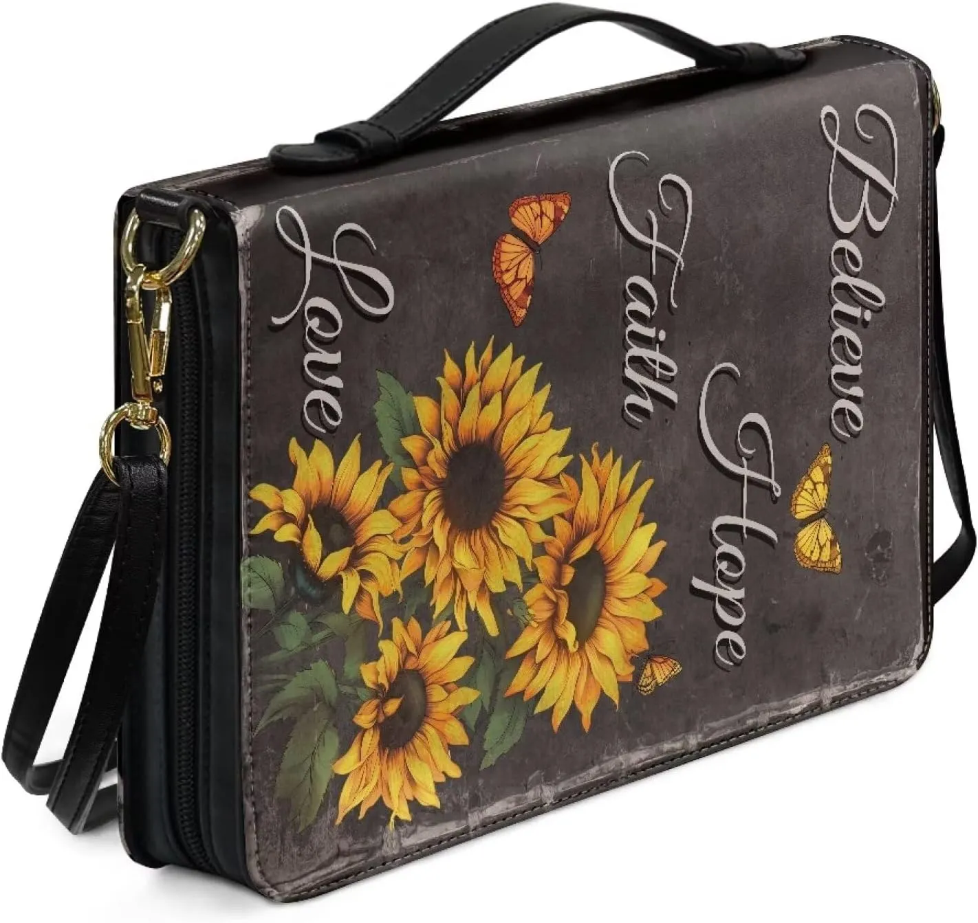 Suobstales Sunflower Butterfly Pattern Bible Covers for Women Men Believe Hope Faith Love Bible Carrying Case Book Bag and Tote with Shoulder Strap, PU Leather Scripture Bag Bible Accessories, 2XL